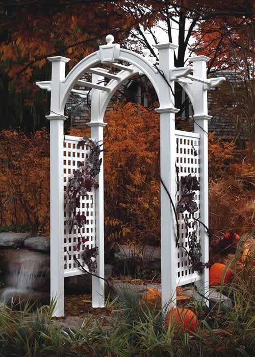 White arch garden arbor installed in Brookfield WI